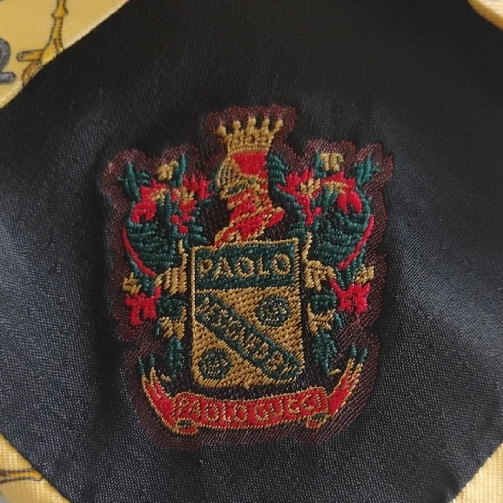 Vintage Paolo GUCCI Yellow Blue 100% Silk Tie Bag Lock Buckle Print